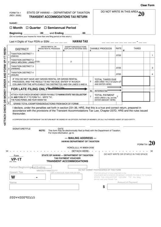 Fillable Form Ta-1 - Transient Accommodations Tax Return - 2005 Printable pdf