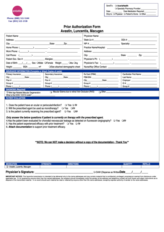 Ambetter Prior Authorization Form - Avastin, Luncentis, Macugen Printable pdf