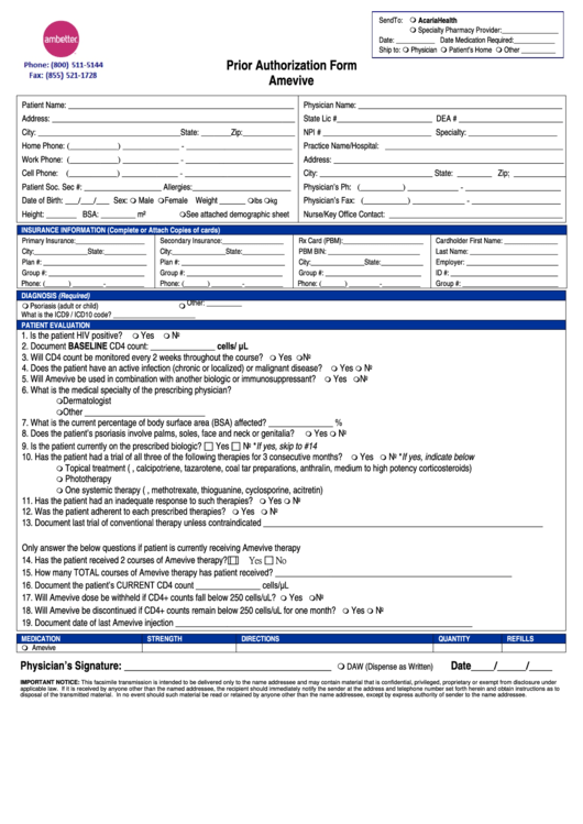 Ambetter Prior Authorization Form - Amevive Printable pdf