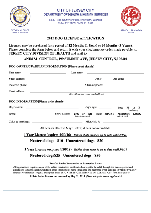 015 Dog License Application Form - City Of Jersey City Printable pdf