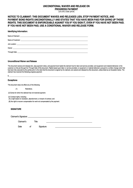 Fillable Unconditional Waiver And Release On Progress Payment Form Printable pdf