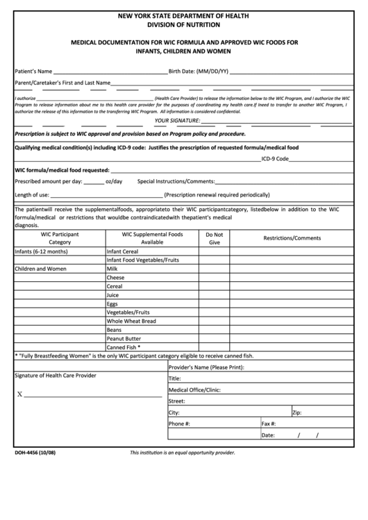 Form Doh-4456 - Medical Documentation For Wic Formula And Approved Wic Foods For Infants, Children And Women Form - Nys Department Of Health Printable pdf