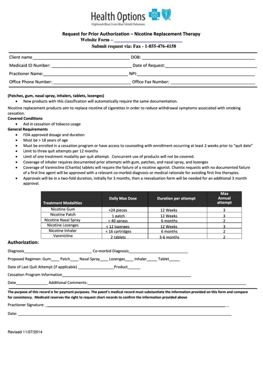 Request For Prior Authorization Form - Highmark Blue Cross Blue Shield Delaware - Health Options Printable pdf