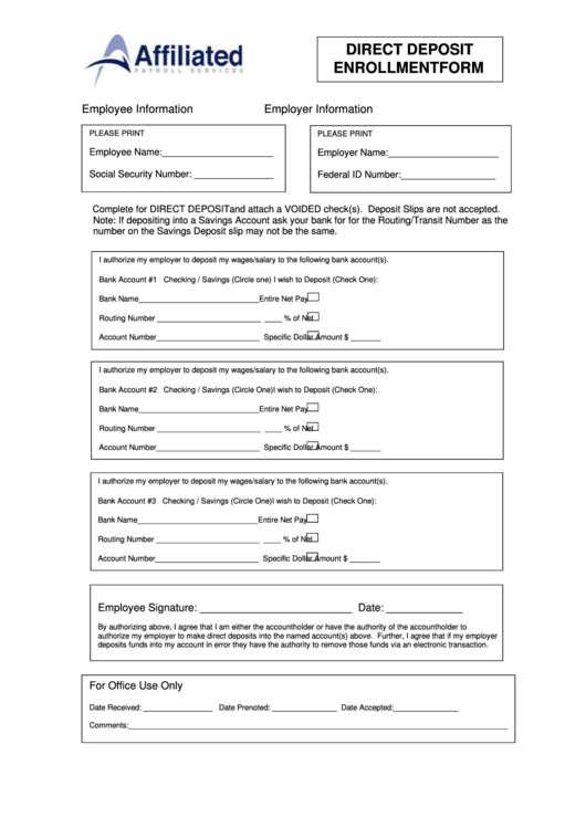 Direct Deposit Enrollment Form - Affiliated Payroll Services Printable pdf