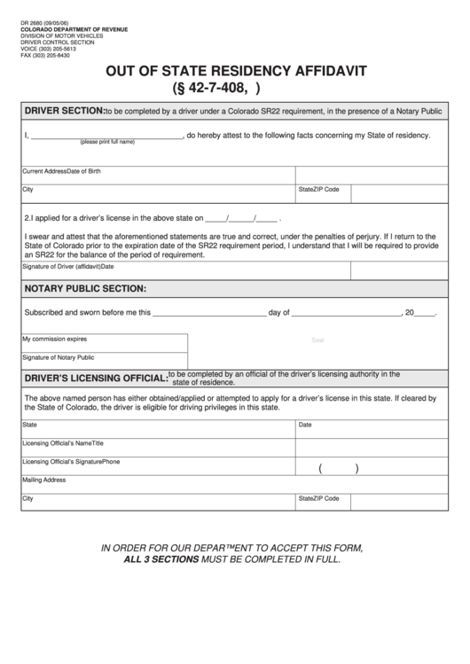 Fillable Form Dr 2680 - Out Of State Residency Affidavit Printable pdf