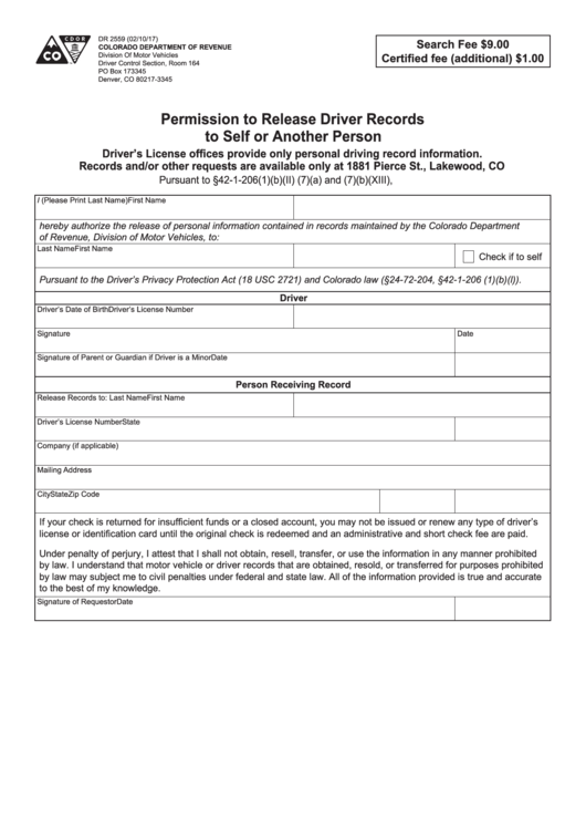 Form Dr 2559 - Permission For Release Of Individual Records - Colorado Department Of Revenue