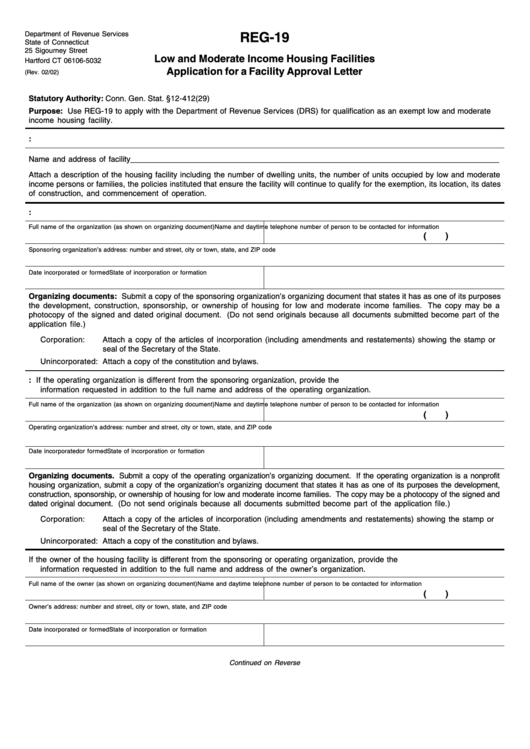 Form Reg-19 Low And Moderate Income Housing Facilities Application For A Facility Approval Letter Printable pdf
