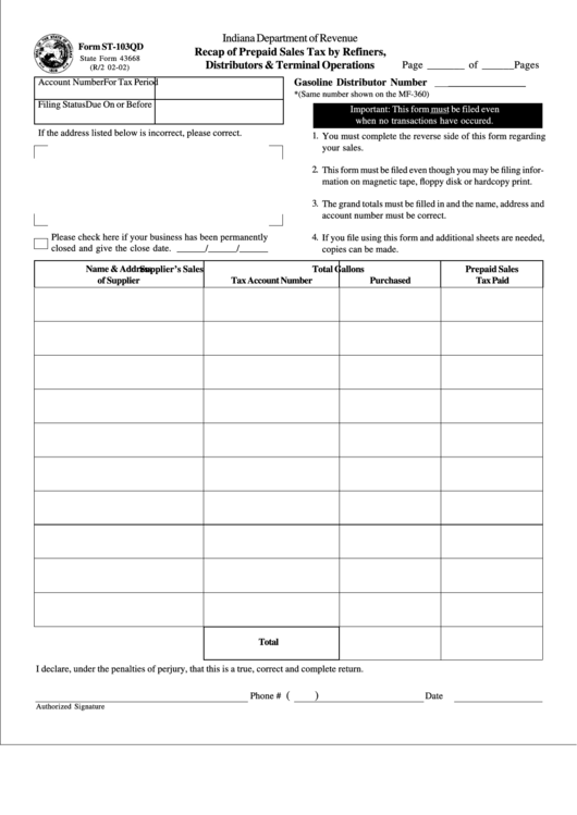 Form St-103qd Recap Of Prepaid Sales Tax By Refiners, Distributors & Terminal Operations Printable pdf