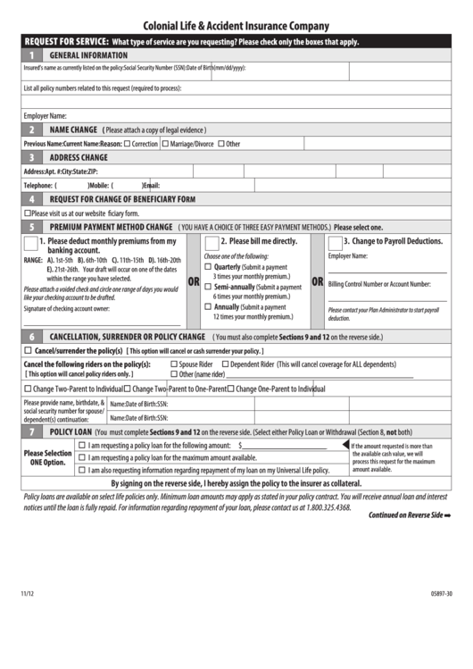 Form 05897-30 - Request For Service - Colonial Life & Accident Insurance Company Printable pdf