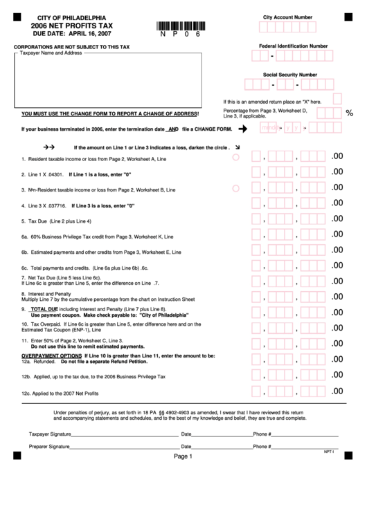2006 Net Profits Tax Form Printable pdf