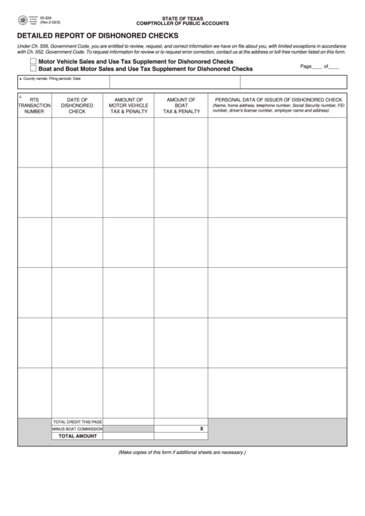 Fillable Form 00-224 Detailed Report Of Dishonored Checks Printable pdf