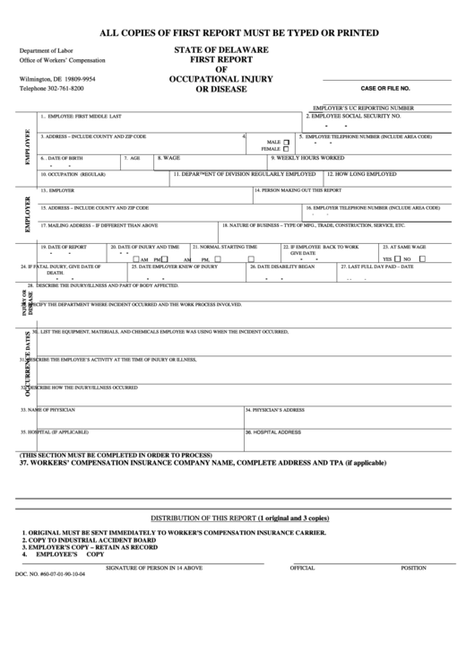 First Report Of Occupational Injury Or Disease Form - Delaware Department Of Labor Printable pdf