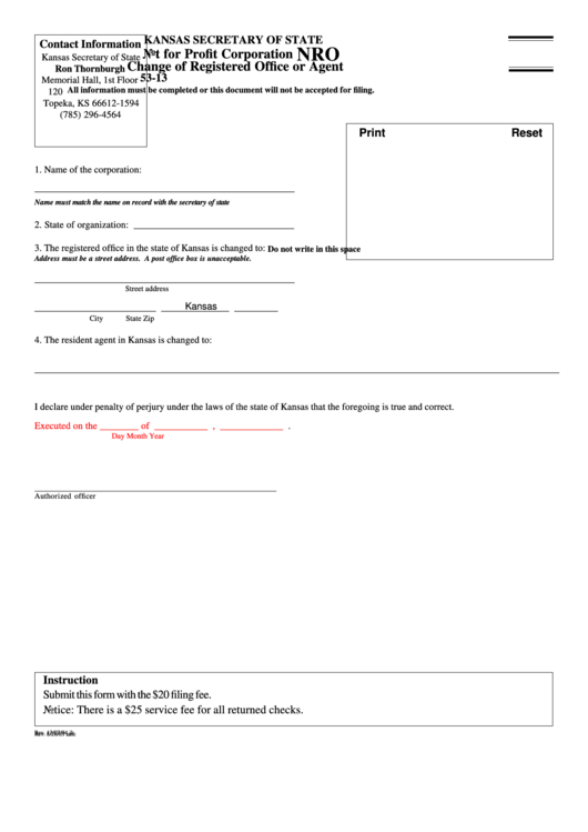 Fillable Form Nro 53-13 - Not For Profit Corporation Change Of Registered Office Or Agent Printable pdf