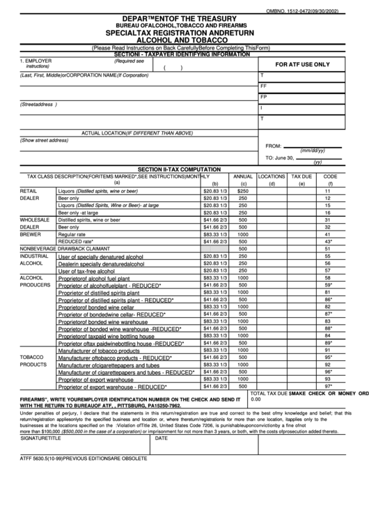 Form Atf F 5630.5 Special Tax Registration And Return Alcohol And Tobacco Printable pdf