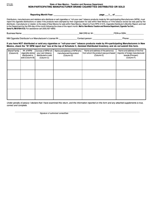 Form Rpd 41188 - Non-Participating Manufacturer Brand Cigarettes Distributed Or Sold Printable pdf