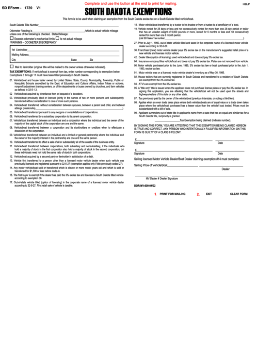 Fillable Sd Eform - 1739 South Dakot Exemptions Printable pdf