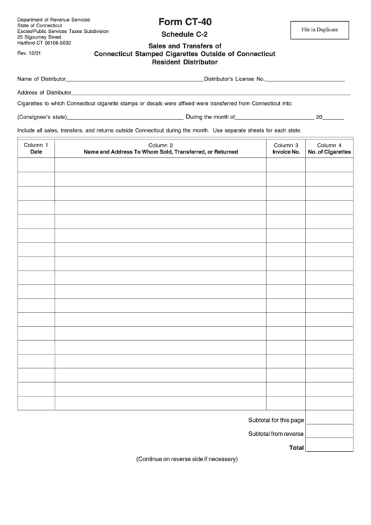 Form Ct-40 Schedule C-2 Sales And Transfers Of Connecticut Stamped Cigarettes Outside Of Connecticut Resident Distributor Printable pdf