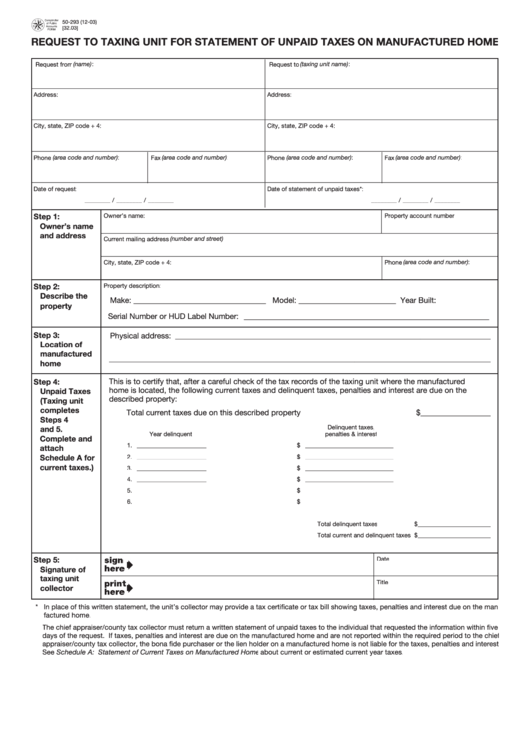 Form 50-293 Request To Taxing Unit For Statement Of Unpaid Taxes On Manufactured Home Printable pdf