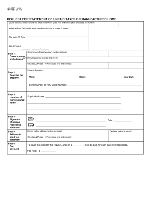 Form 50-292 Request For Statement Of Unpaid Taxes On Manufactured Home Printable pdf