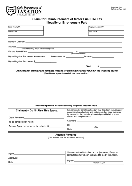 Form Fut 20-A Claim For Reimbursement Of Motor Fuel Use Tax Illegally Or Erroneously Paid Printable pdf