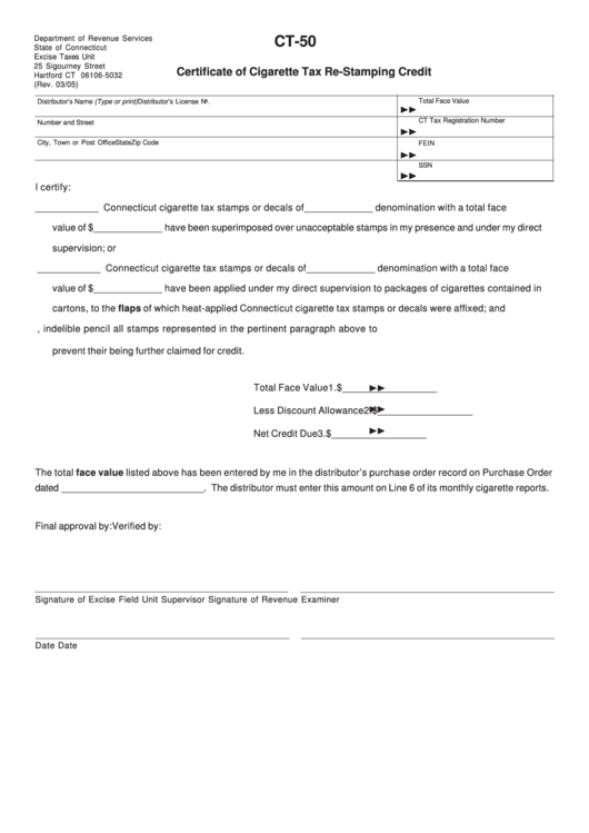 Form Ct-50 - Certificate Of Cigarette Tax Re-Stamping Credit Printable pdf
