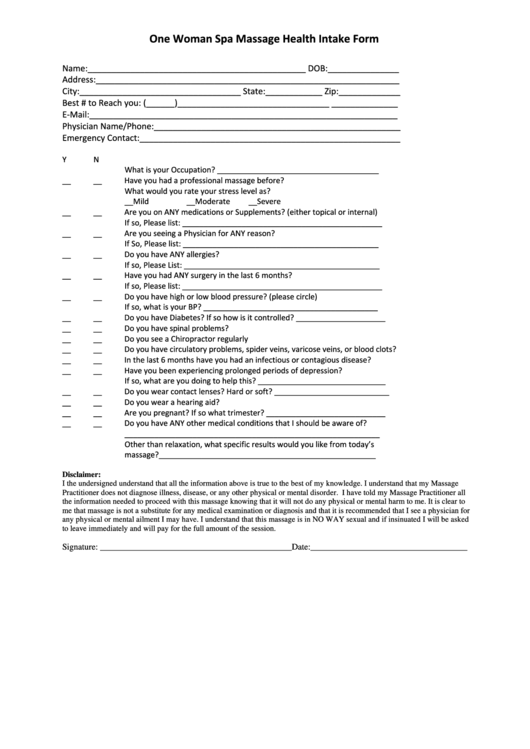 One Woman Spa Massage Health Intake Form Printable pdf