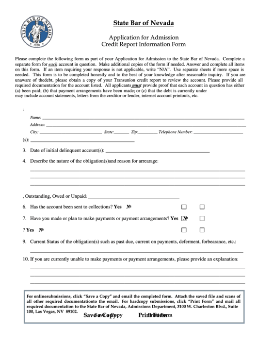 Fillable Application For Admission Credit Report Information Form - State Bar Of Nevada Printable pdf