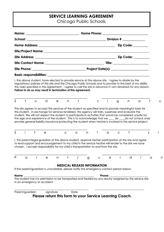 Service Learning Agreement Form - Chicago Public Schools Printable pdf