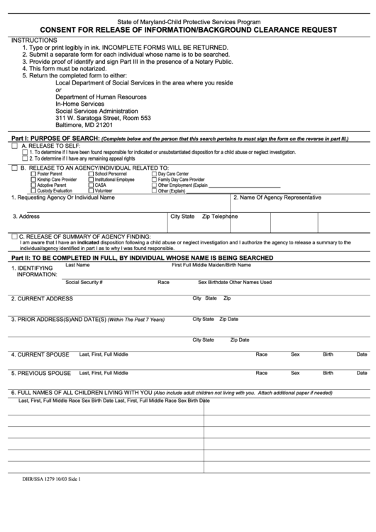 Consent For Release Of Information/background Clearance Request - State Of Maryland-Child Protective Services Program Printable pdf