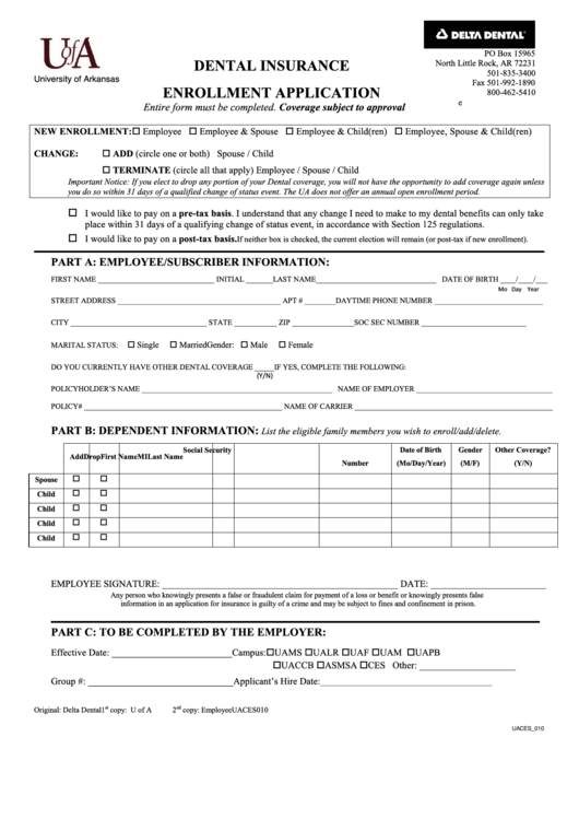 Dental Insurance Enrollment Application Form - University Of Arkansas Printable pdf