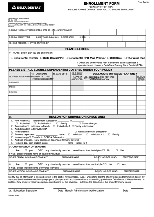 Fillable Form Ddp-605 - Enrollment Form Printable pdf