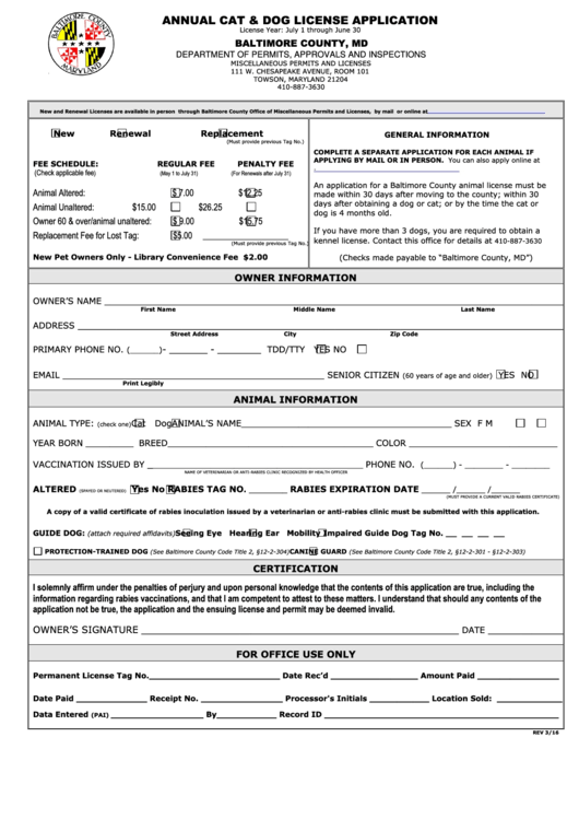 Annual Cat & Dog License Application Form - Baltimore County, Md