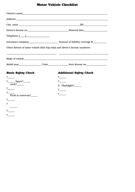 Motor Vehicle Checklist Template Printable pdf