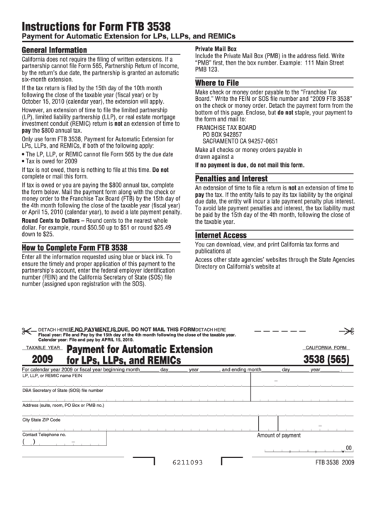 Fillable California Form 3538 (565) - Payment For Automatic Extension For Lps, Llps And Remics - 2009 Printable pdf