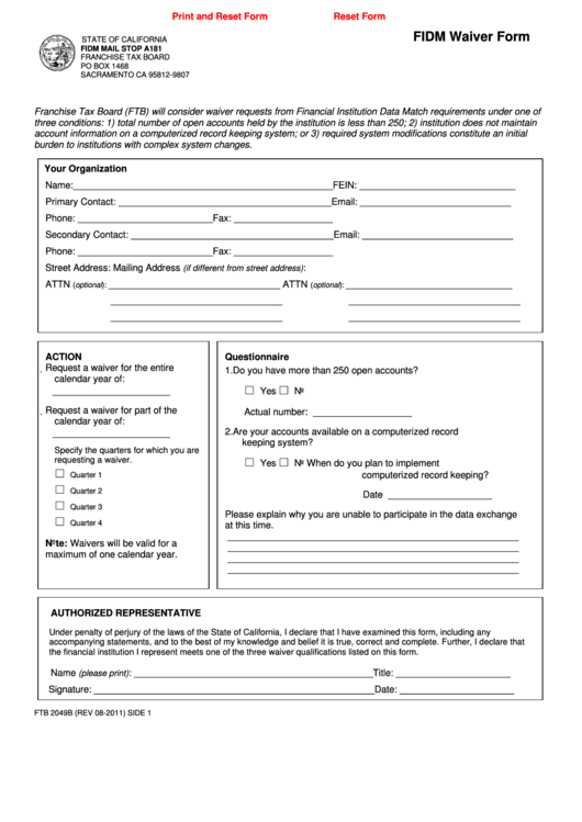 Fillable Form Ftb 2049b - Fidm Waiver Form Printable pdf