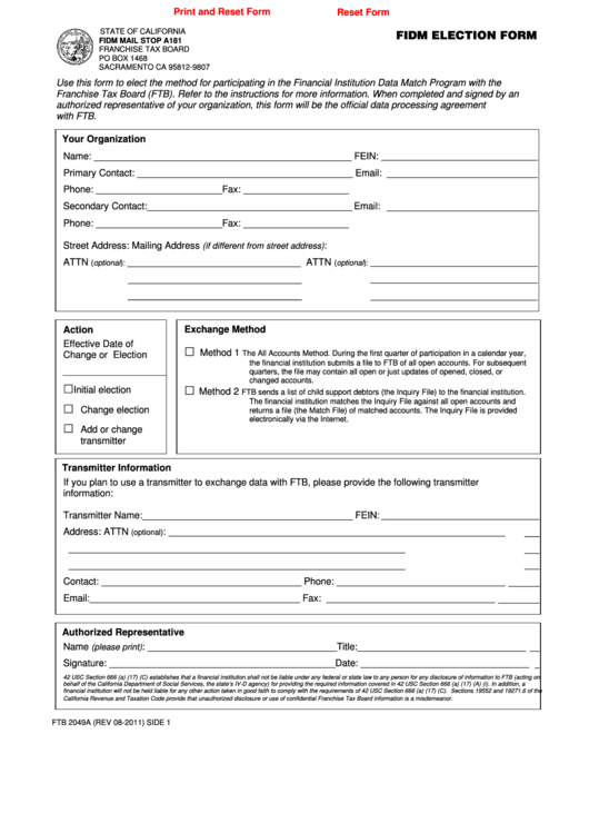 Fillable Form Ftb 2049a - Fidm Election Form Printable pdf