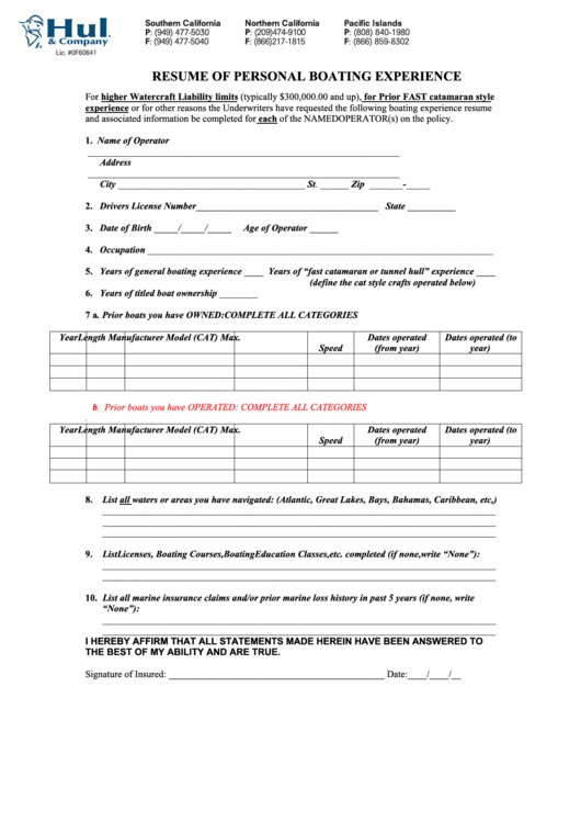 Fillable Resume Of Personal Boating Experience Form Printable pdf
