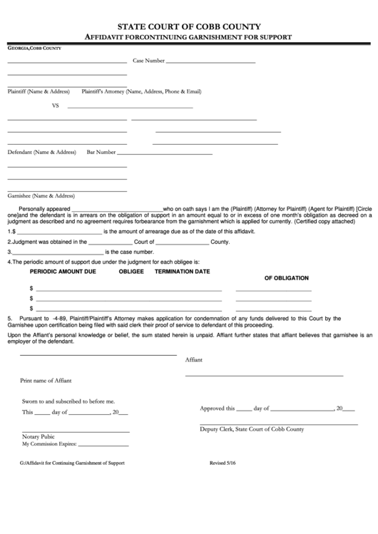 Fillable Affidavit For Continuing Garnishment For Support - State Court Of Cobb County Printable pdf