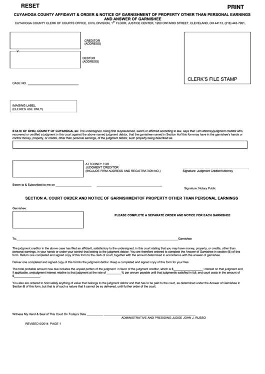 Fillable Affidavit, Order, And Notice Of Garnishment Of Property Other Than Personal Earnings & Answer Of Garnishee Form 2014 Printable pdf