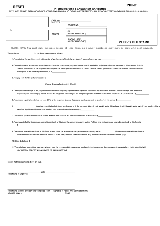 Interim Report & Answer Of Garnishee Form