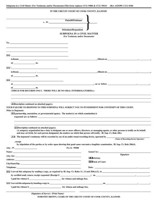 Fillable Ccg 0106 - Subpoena In A Civil Matter Form - The Circuit Court Of Cook County Printable pdf