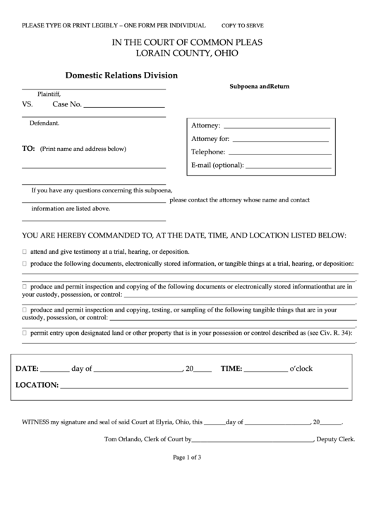 Fillable Dr Subpoena Form - The Court Of Common Pleas Printable pdf