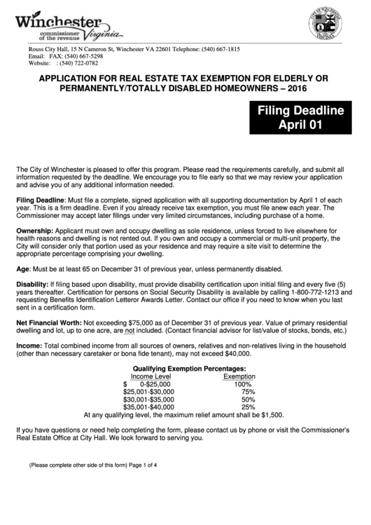 Application For Real Estate Tax Exemption For Elderly Or Permanently/totally Disabled Homeowners Form Printable pdf