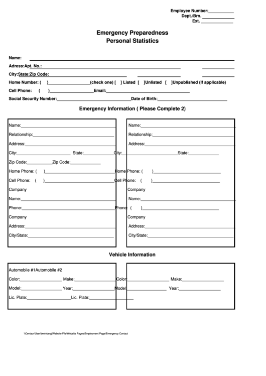 Emergency Preparedness Personal Statistics Form Printable pdf