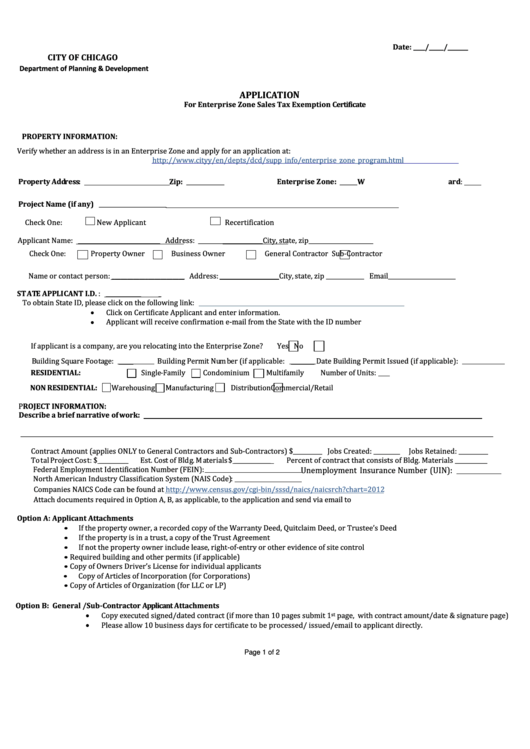 Fillable Application For Enterprise Zone Sales Tax Exemption Certificate Form Printable pdf