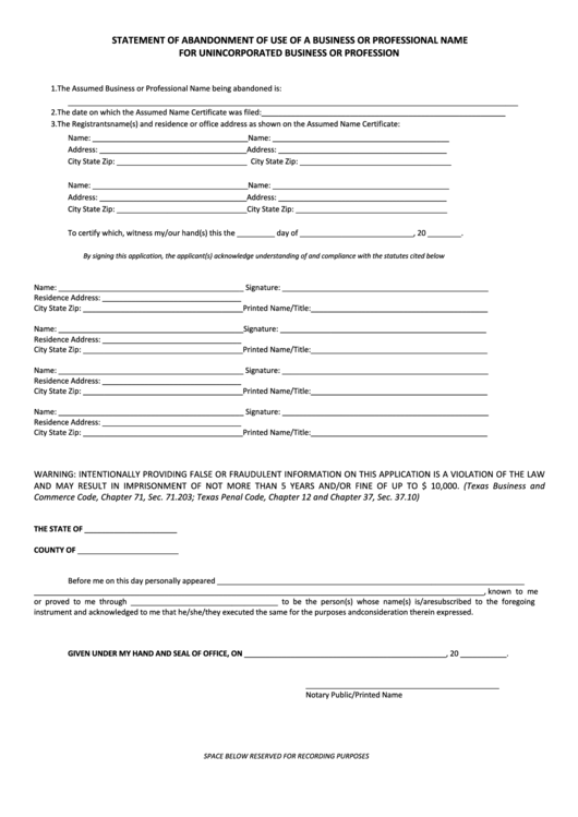 Statement Of Abandonment Of Use Of A Business Or Professional Name For Unincorporated Business Or Profession Form Printable pdf