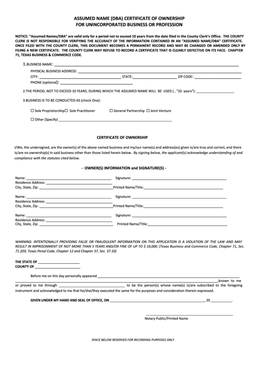 Assumed Name (Dba) Certificate Of Ownership For Unincorporated Business Or Profession Form Printable pdf