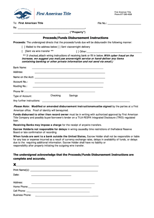 Fillable Proceeds/funds Disbursement Form - First American Title Printable pdf