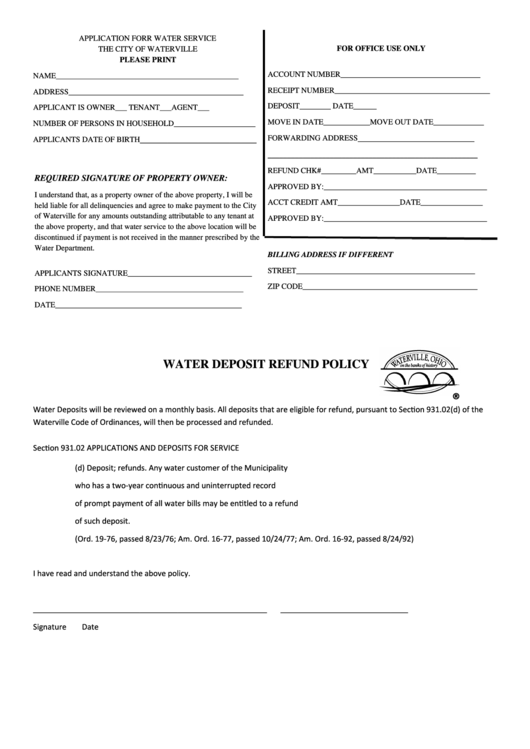 Fillable Application For Water Service Form - The City Of Waterville Printable pdf