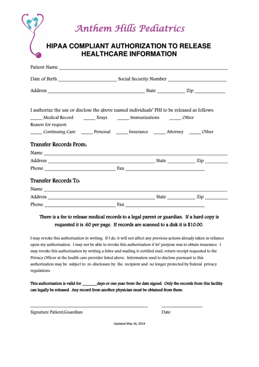 Hipaa Compliant Authorization To Release Healthcare Information Form